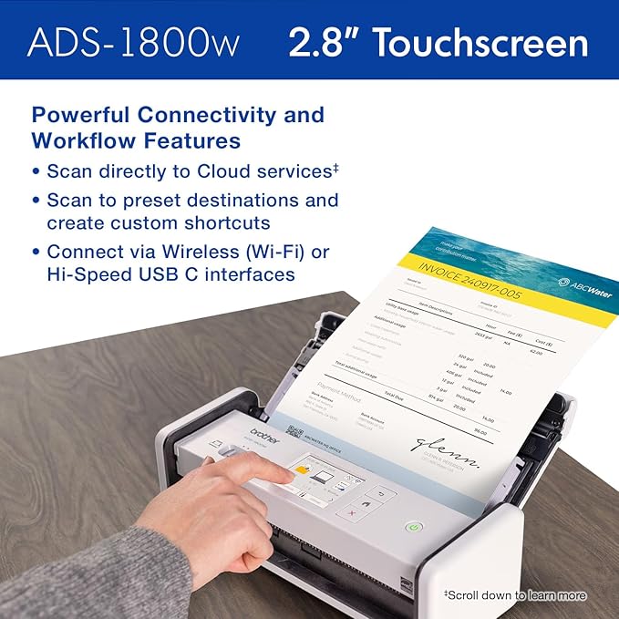 Brother ADS-1800W Wireless Compact Desktop Scanner | Scan Speeds of Up to 30ppm | 2.8" Color Touchscreen