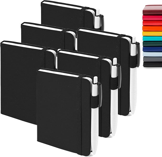feela 6 Pack Pocket Mini Notebooks Bulk, Small Cute Memo Notepads Hardcover College Ruled Lined Journals with Pen Holder for School Business Work, with 6 Black Pens, 3.5”x 5.5”, A6, Black