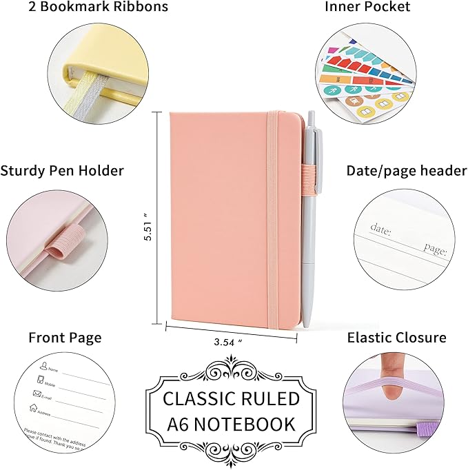 feela 6 Pack Pocket Small Notebooks Bulk, Mini Cute Memo Notepads Hardcover College Ruled Lined Journals with Pen Holder for Women Girls Office School, with 6 Black Pens, 3.5”x 5.5”, A6, Pastel Colors
