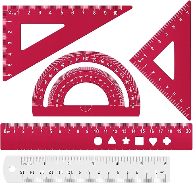 Honagu Triangular Ruler Set, 4+1Pieces Aluminum Alloy Ruler, Metal Drafting Ruler, Geometric Protractor for Students, School Office Supplies (Red, 20cm)