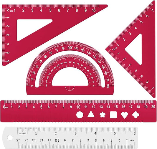 Honagu Triangular Ruler Set, 4+1Pieces Aluminum Alloy Ruler, Metal Drafting Ruler, Geometric Protractor for Students, School Office Supplies (Red, 20cm)