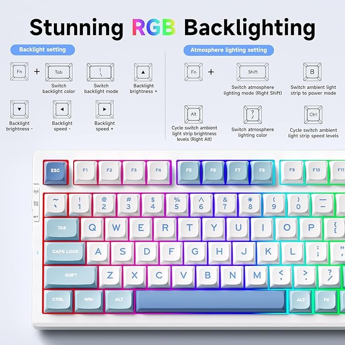G98 PRO Wireless Gaming Keyboard, Tri-Mode Connection Mechanical Keyboard, Hot Swappable Custom Gasket Structure, Pre-lubed Linear Switches, Double Shot PBT Keycaps, RGB LED Backlit, Blue&White