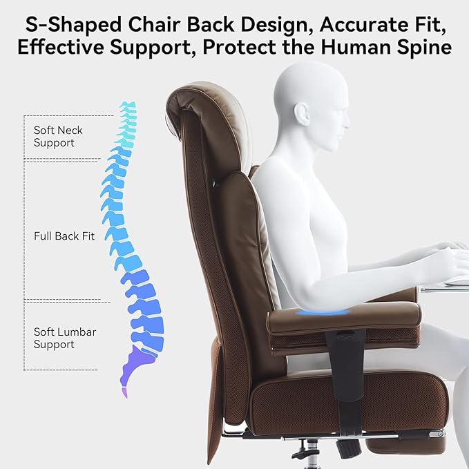 Big and Tall Ergonomic Office Chair 450LBS with Foot Rest, High Back PU Leather Executive Chair with Adjustable Padded Armrests, Lumbar Support for Home or Work, Heavy Duty Computer Chair, Brown