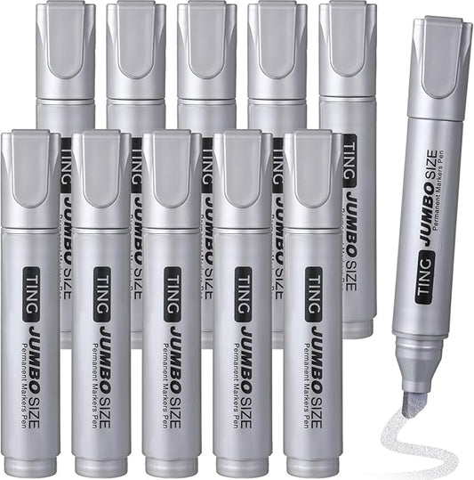Fuutreo 10 Pack Jumbo Permanent Markers Bulk Large Chisel Tip Permanent Markers Quick Drying Waterproof Big Huge Poster Pens for Office, Logistics Company and More(Silver)
