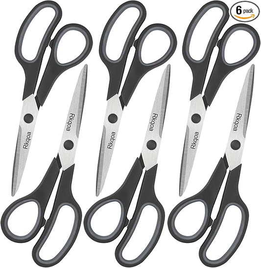 Black 6 Scissors Pack, Rkqoa 8" All Purpose Scissor - High Performance and Designed for Everyday use, Stainless Steel Shears Set with Comfort Grip, Right/Left Handed