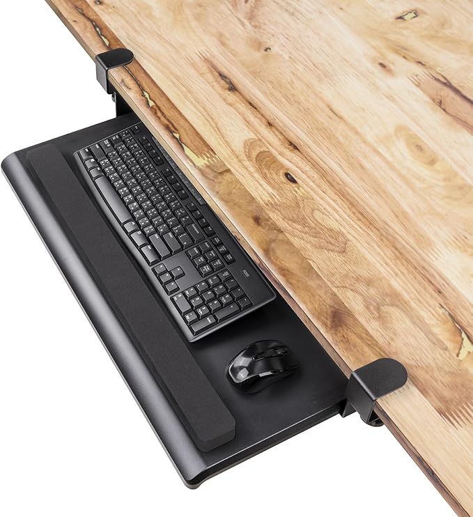 EHO Large Ergonomic C-Clamp Keyboard Tray Mount Under Desk with Wrist Rest, Slide-Out Platform 27.5" (31.8" Including Clamps) x 12.5", Pull Out Keyboard & Mouse Tray for Home or Office, Black