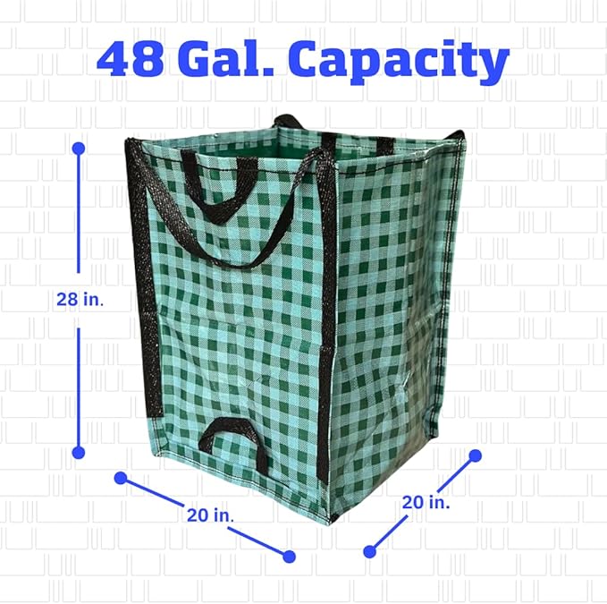 DURASACK Heavy Duty Home and Yard Bags 48-Gallon Reusable Self-Standing Lawn and Leaf Bags Garbage Can with Reinforced Handles, Gingham Green