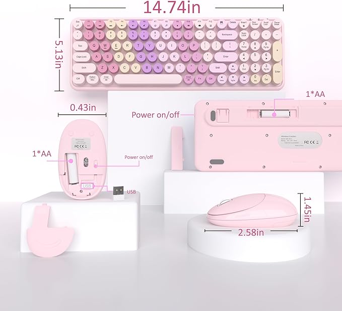 Colorful Wireless Keyboard Mouse Combo, Gradient Rainbow Colors 100 Keys and 2.4GHz Optical Mouse Connection for Windows, Mac, Laptop, PC, Desktop (Pink Colorful)