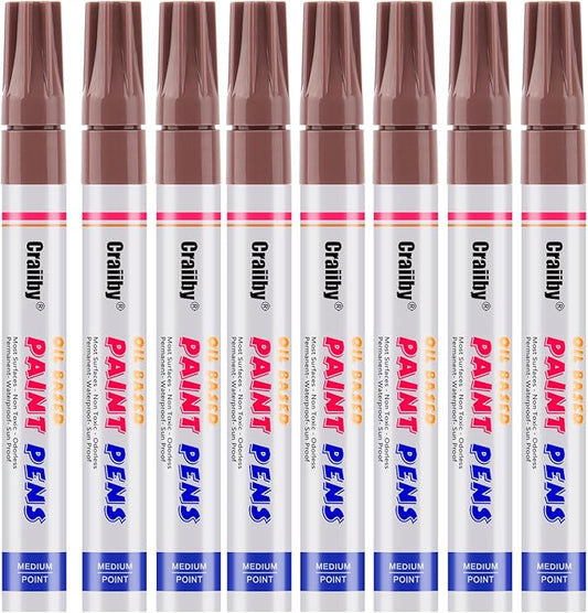 Brown Paint Markers, 8 Pack Oil-Based Waterproof Quick Dry Permanent Paint Pen Set for Rocks Painting, Wood, Fabric, Plastic, Canvas, Glass, Mugs, Metal, Tire, Stone, DIY Craft