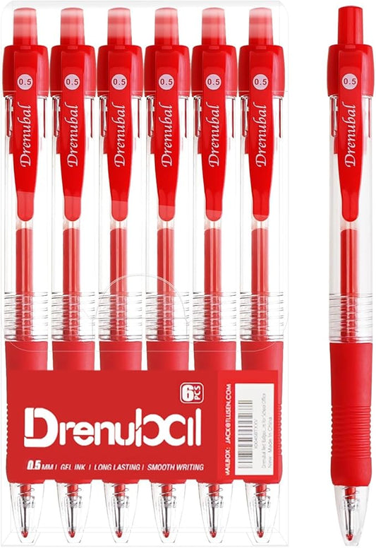 Gel Pens 0.5mm - Red Ink, Quick-Drying, Comfort Grip Writing for School, Office, Exams - Gift Set for Students, Fine Point Ballpoint Pens 6-Pack