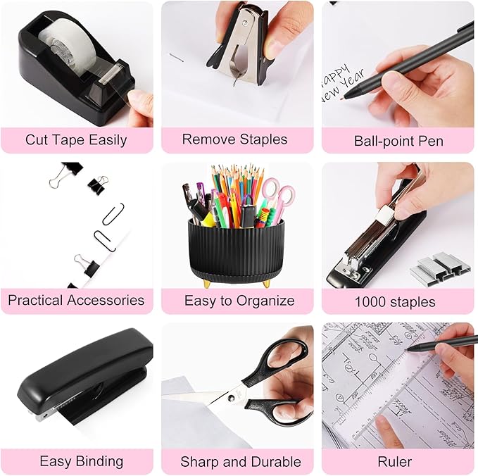 Black Desk Organizers and Accessories 10Pcs Set with 360-Degree Rotating Pen Holder, Tape Dispenser, Stapler, Staple Remover, 1000 Staples, Tape, Clips Set, Ruler, Scissor, Pen (Black)