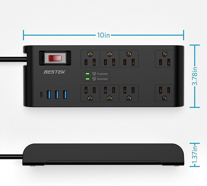 BESTEK 4,000 Joules Surge Protector with USB,6 Feet Extension Cord Power Strip with 8 AC Outlets 15A 1875W,5V 4.2A 4 USB Charging Ports Desktop Charging Station,Wide Spaced Outlet for Large Plug,Black