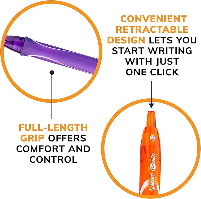 BIC Gelocity Quick Dry Assorted Colors Gel Pens, Medium Point (0.7mm), 3-Count Pack, Retractable Gel Pens With Comfortable Full Grip