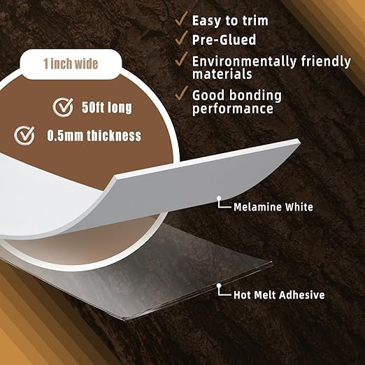 GSCIT Club White Edge Banding, 1 inch x 50ft Melamine Edge Banding with Hot Melt Adhesive Pre-glued Cabinet Edge Banding Flexible White Veneer Edging for Plywood Furniture Table