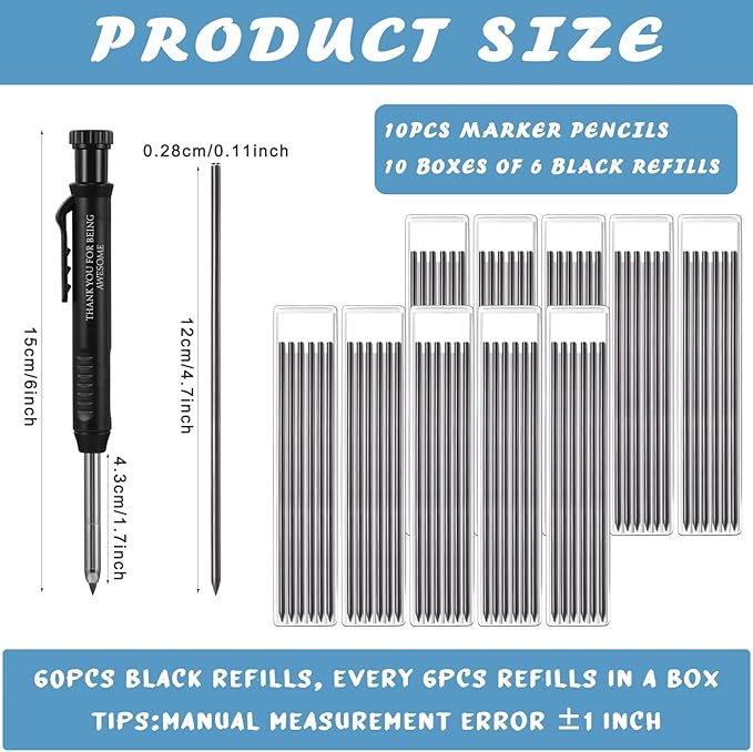 Colarr 10 Pcs Mechanical Carpenter Pencil with 60 Refill Deep Hole Mechanical Pencil Marker with Sharpener Black Solid for Carpentry Architect Birthday Thanksgiving Gift