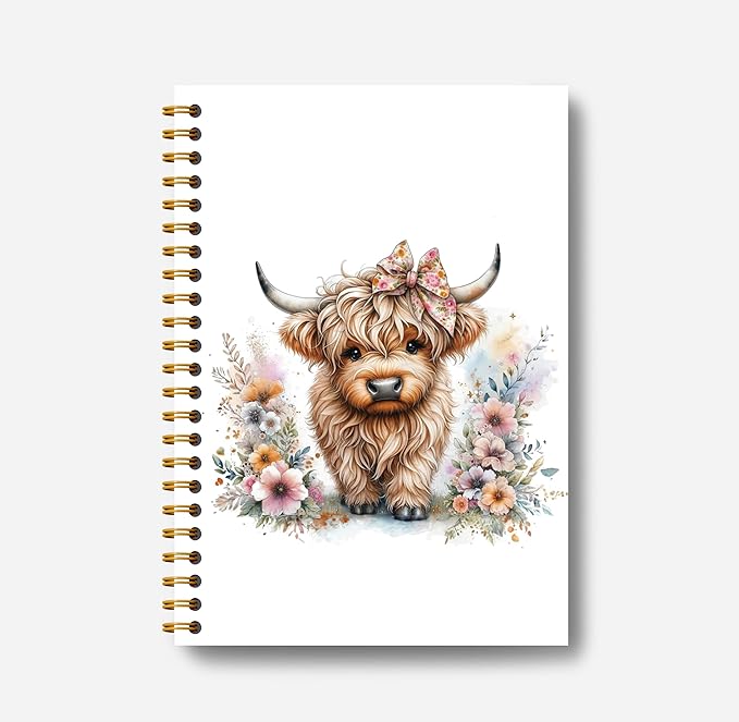 Floral Highland Cow Notebook - Western Notebook, Cow Notebook, Highland Cow Office Supplies, Highland Cow Gifts, Cute Highland Cow Stuff, Farmhouse Highland Cows Spiral Notebook 5.5x8.3