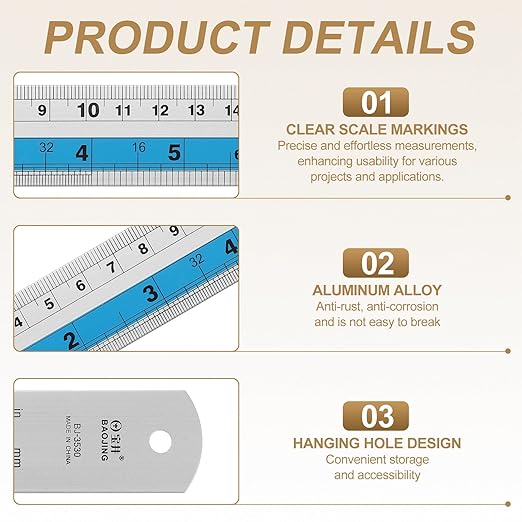 HARFINGTON 4pcs Metal Straight Ruler 30cm Metric SAE Aluminum Alloy Measuring Rulers Scale Tools with Hole for Measure Study Reading Classroom Office, Blue