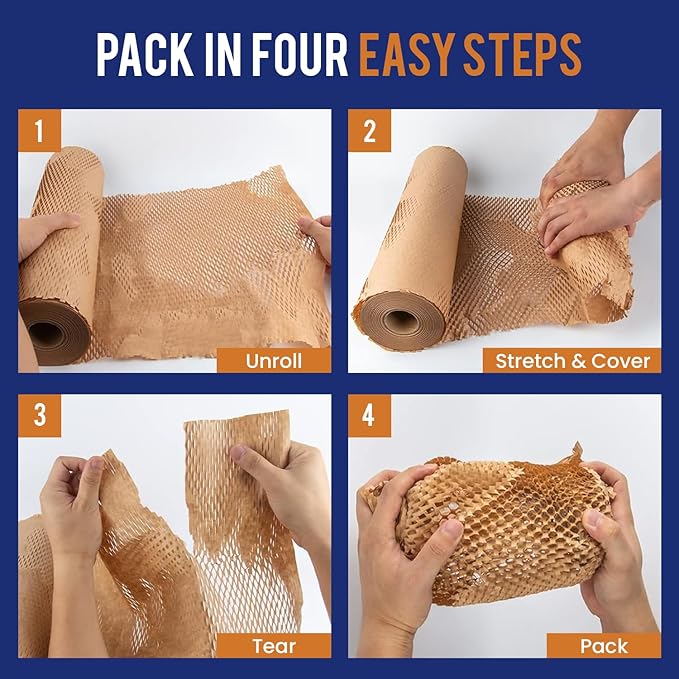 Honeycomb Packing Paper 15" x 200ft with Rope & 20 Fragile Stickers|Shipping & Moving Supplies|Small Business Packaging Supplies|Eco Friendly Bubble Wrap Packing Boxes for Moving Certified FSC C204227