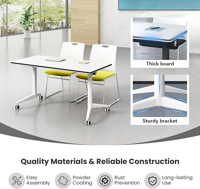 Conference Table Folding Conference Table, Modern Conference Room Table White Meeting Table Flip Top Large Mobile Training Table, Mobile Training Seminar Table for Office Classroom (6pack 70.8in)