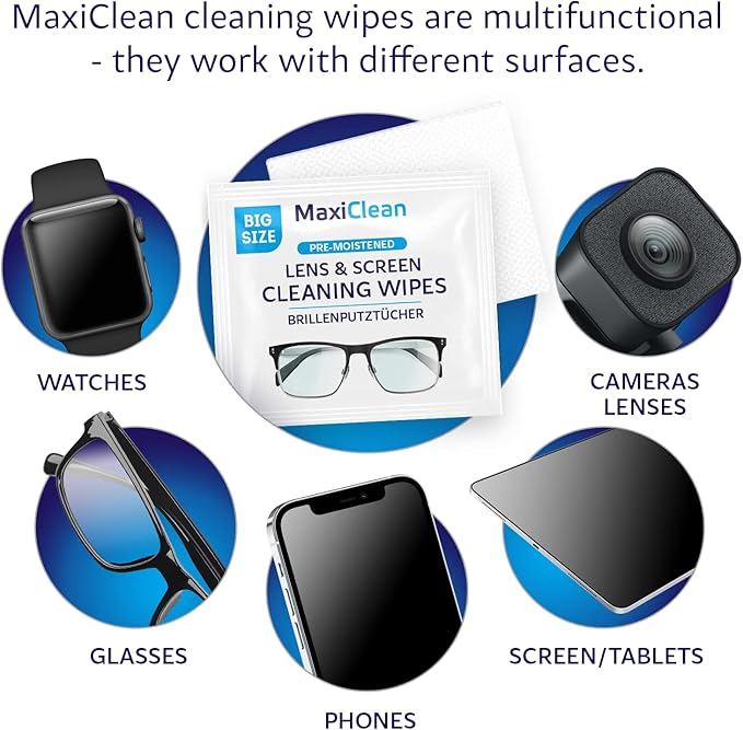 Glasses Wipes Lens Cleaner - Lens Wipes for Eyeglasses - 400 Pre-moistened Individually Wrapped Wipes for Eye Glasses, Electronics, Phone, Computer, Laptop Screen - Camera Lens Cleaner - Made in EU