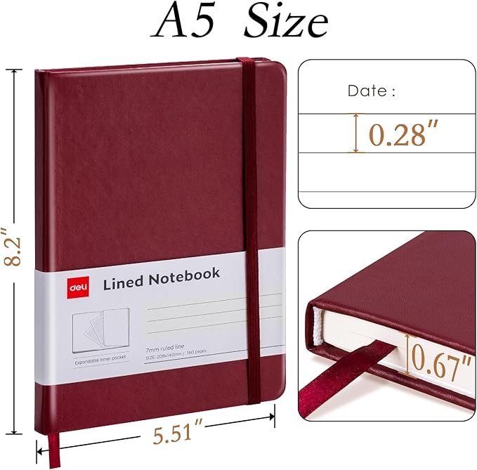 deli A5 Lined Journal Notebook, 160 Pages Hardcover Writing Notebook, 5.5"x8.2" College Ruled Notebook for Office, School, Work Notes (Red)