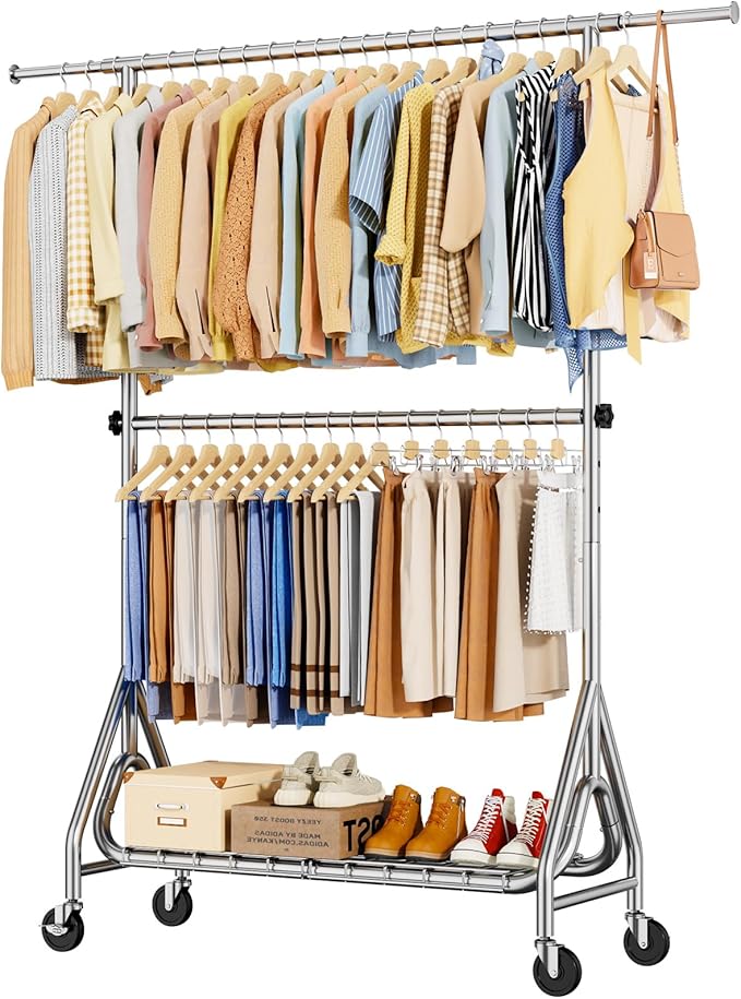 Double Rods Clothing Rack, Heavy Duty Clothes Rack for Hanging Clothes Load 560LBS, Metal Rolling Garment Racks with Wheels, Freestanding Clothes Hanging Racks, Silver