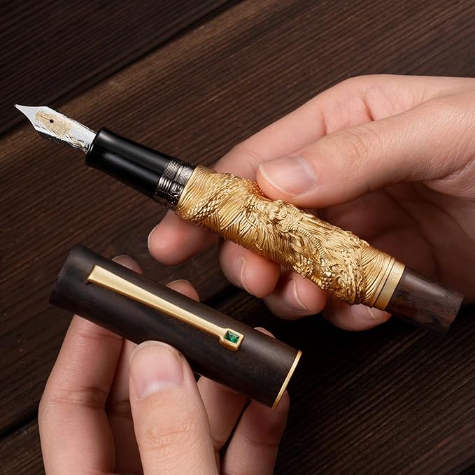 Hongdian N24 Fountain Pen Extra Fine Nib, Golden Dragon Stereoscopic Carving with Red Wood Design