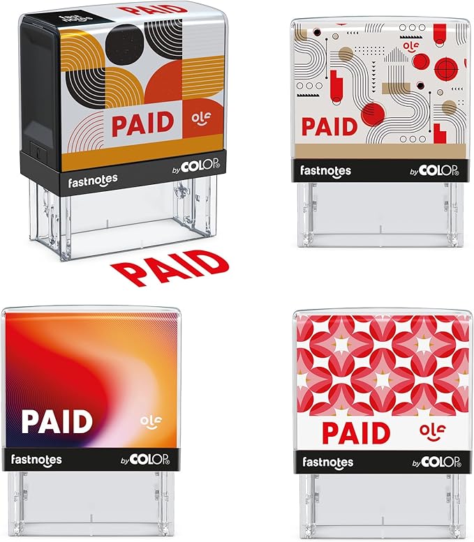 Fastnotes Paid Self-Inking Rubber Stamp by COLOP - Great for Office Documents, Notary, Warehouse, Accounting Paperwork, Business, and Legal Documentation - Red Ink (Paid- Red)