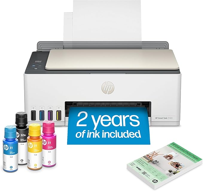 HP Smart Tank 5103 Wireless All-in-One Refillable Ink Tank Printer, Scanner, Copier with 2 Years of Ink and 100 Sheets of Photo Paper Included, Best for Home (5D1B2A)