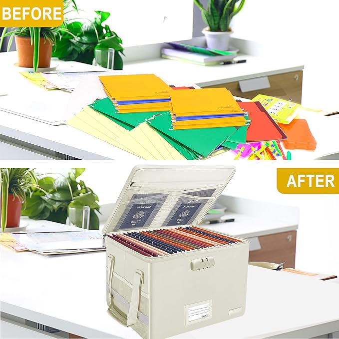 ENGPOW File Box with Lock, Fireproof Document Box with Zipper Lid, Collapsible File Storage Organizer Filing Cabinet with Handles, Portable Home Office Safe for Hanging Letter/Legal Folders, Beige