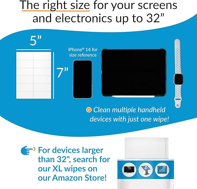 iCloth Large Screen Cleaning Wipes for Electronics, Lint-Free and Streak-Free, Fast-Drying, Removes Dust, Fingerprints, and Smudges (24 Wipes)