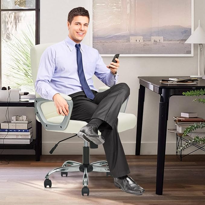 CLATINA Office Computer Desk Chair Executive Mid Back Ergonomic Managerial Chair with Lumbar Support Comfortable Adjustable PU Leather Home Office Chair Swivel, White 8PK