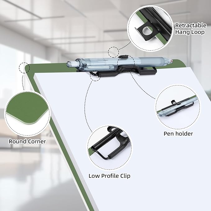 Clipboard with Pen Holder, 2 Pack Plastic Clipboard with Low Profile Metal Clip, Hanging Clip Boards Holds 8.5x11 Inch Papers, Standard A4 Letter Size Clip Boards for Offices & School, Green