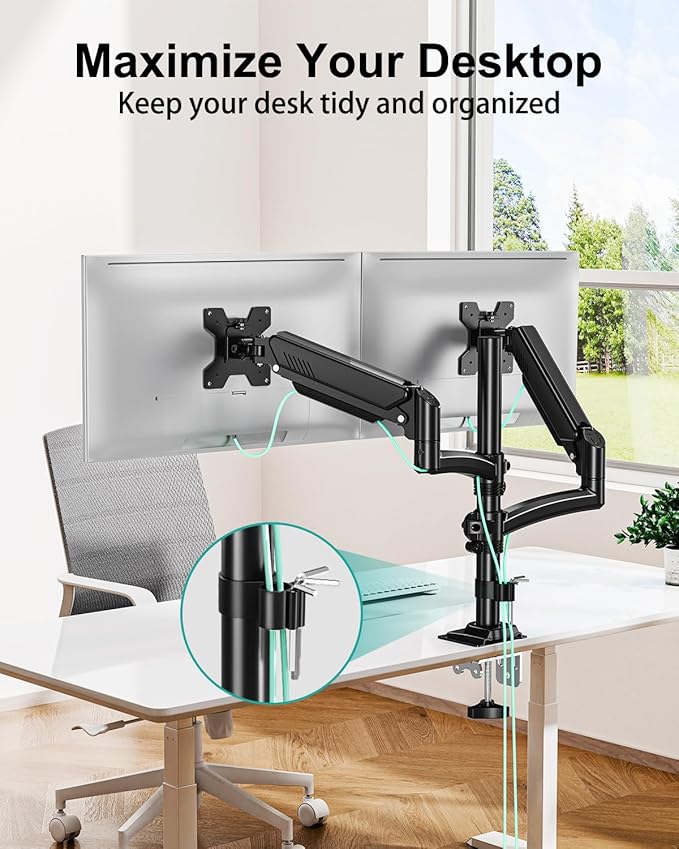 Dual Monitor Stand for Desk, Taller Monitor Arms for 2 Screens up to 32 inch, Ergonomic Adjustable Gas Spring Double Computer Monitor Mount, Holds 4.4-22lbs, VESA 75/100mm, Black, Freelift