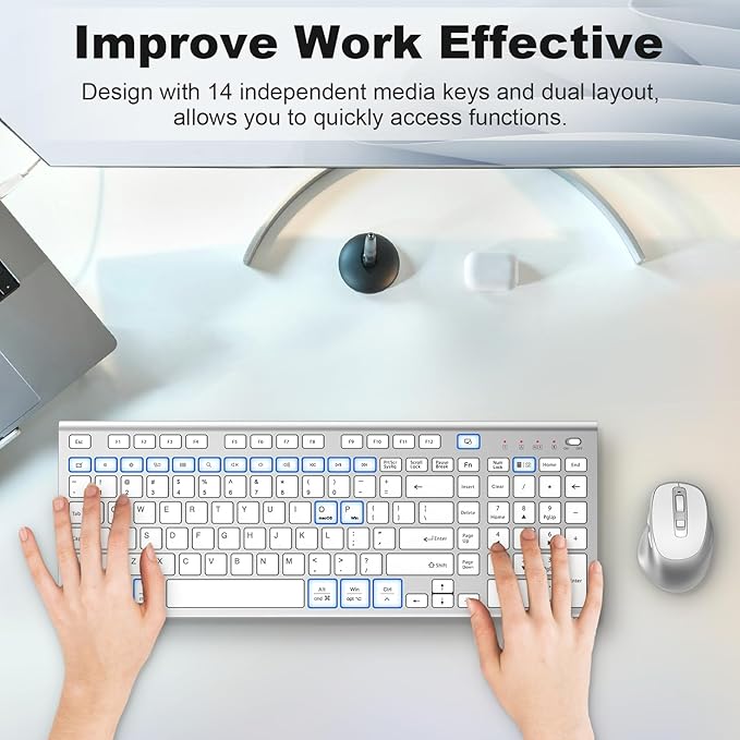 FENIFOX Wireless Keyboard and Mouse, Ergonomic Rechargeable Silent Quiet Slim Compact Full-Size USB C with Number Pad Flat Soft Cover for PC Computer Laptop Mac MacBook iMac TV Windows - Silver White
