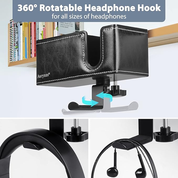 Desk Cup Holder Clip on Pen Holder Headphone Hanger Headset Stand Rotatable Clamp Hook Under Desk (Black)
