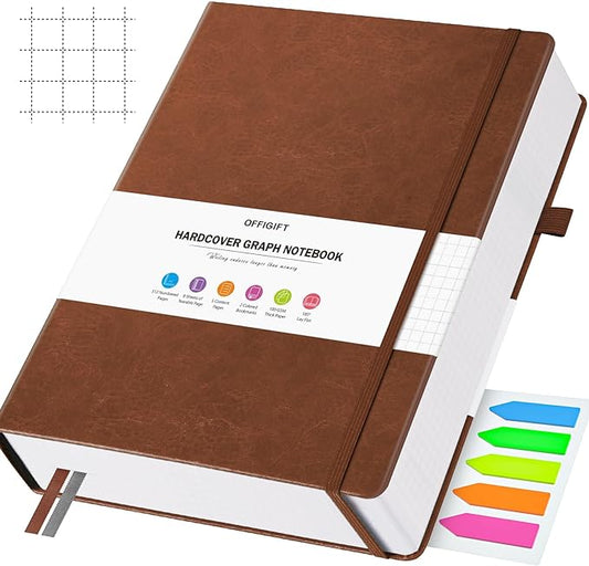 Graph Paper Notebook, 312 Numbered Pages Large A5 Hardcover Leather Journal, 100gsm No Bleed Grid Paper Notebook with Index Pages, Grid Notebook for Graphing Notes Math, 5.75" x 8.38", Brown