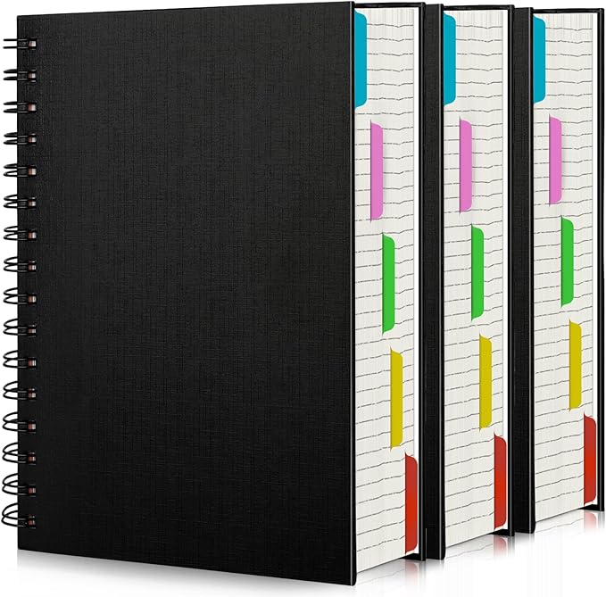 EUSOAR College Ruled Spiral Notebook, 3 Pack A5 5.5"x 8.3", 100gsm Paper, 120 Sheets/ 240 Pages, Black Hardcover 5 Subject Spiral Lined Notebooks, for Note Taking School Business Work Writing Diary