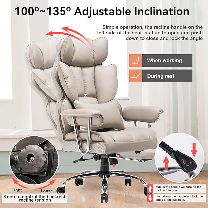 Efomao Big and Tall Office Chair 400lbs – High Back PU Leather Executive Chair with Lumbar Support, Footrest, Swivel Base, Padded Armrests, and Rolling Wheels for Home Office, Grey Computer Chair