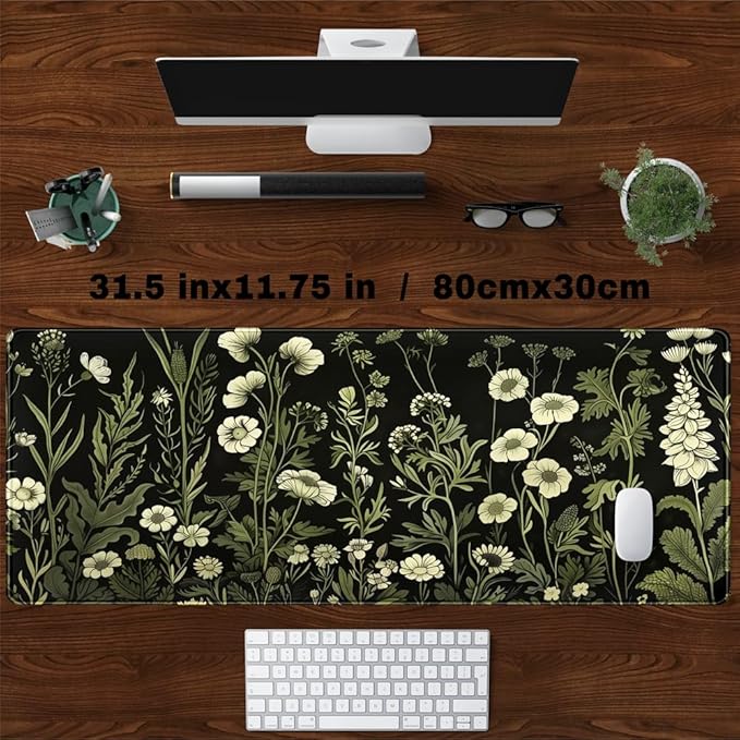 Floral Green Plant Mouse Pad Aesthetic Vintage Desk Pad Black Extended Mouse Pad Large Desk Mat for Desktop Keyboard Pad and Office Home Work Mouse Pad XXL Laptop Computer Mat 31.5 X 11.8 in