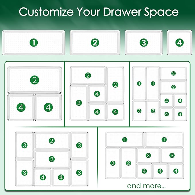 Criusia Drawer Organizer Set, Acrylic Non Slip Non Cracking Kitchen Drawer Storage Tray Large Size Divider, Multifunctional Storage for Cosmetics, Bathroom, Tools, Kitchen and Office (8 PACK)