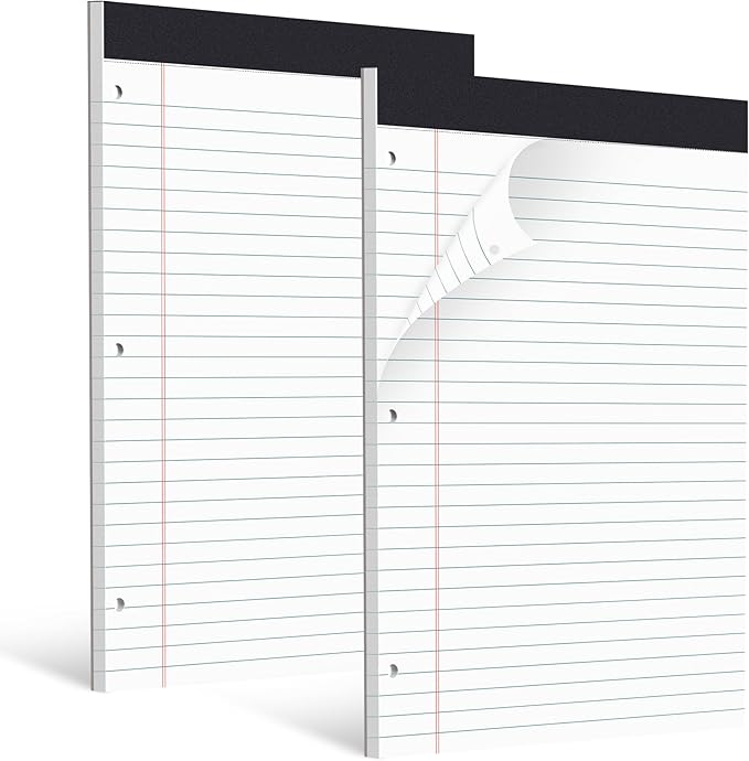 HAUTOCO 2 Pack 8.5 x 11 Legal Pads White Wide Ruled Notepads Perforated Writing Pads, 30 Sheets Per Notepad, 3-Hole Punched Paper, Writing Note Pads for School, Home, Office, Business