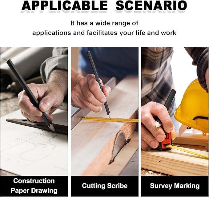 Honoson 200 Pcs Flat Construction Pencils with Printed Ruler Wood Graphite 2 Pcs Carpenter Pencil Sharpener for Woodworking Marking Tool(Black)