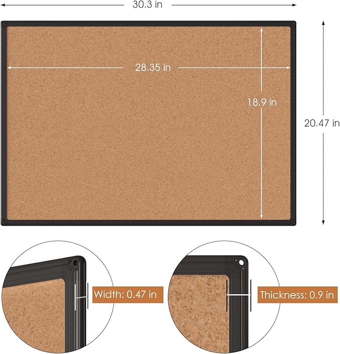 Board2by Cork Board Bulletin Board 20 x 30, Black Aluminium Framed Corkboard, Office Board for Wall Cork, Large Wall Mounted Notice Pin Board with 16 Push Pins for School, Home & Office