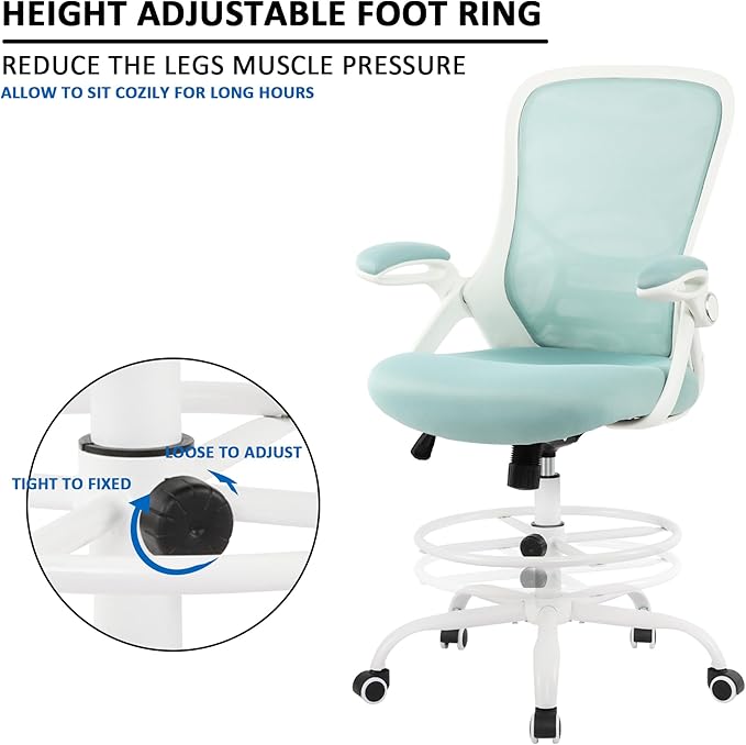 HYLONE Drafting Chair Tiffany Blue, Tall Office Chair Standing Desk Stool with Adjustable Height, Foot Ring, Flip-Up Arms, Mesh High-Back Office Chair, White
