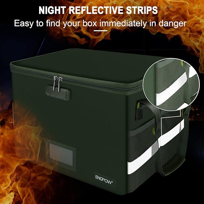 ENGPOW File Box with Lock, Fireproof Document Box with Pockets, Collapsible File Organizer Filing Storage Cabinet with Handle, Portable Home Office Safe for Hanging Letter/Legal Folders,Green,2 Pack