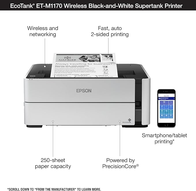 Epson EcoTank ET-4800 Wireless All-in-One Cartridge-Free Supertank Printer & EcoTank ET-M1170 Wireless Monochrome Supertank Printer with Ethernet Plus 2 Years of Unlimited Ink*,White