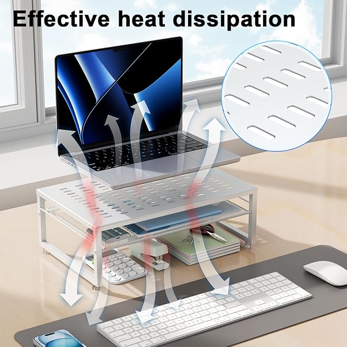 gianotter 2-Tier Metal Monitor Stand Riser, Desk Accessories & Workspace Desk Organizers, Office Desk Storage Organizer for Office Supplies (White)