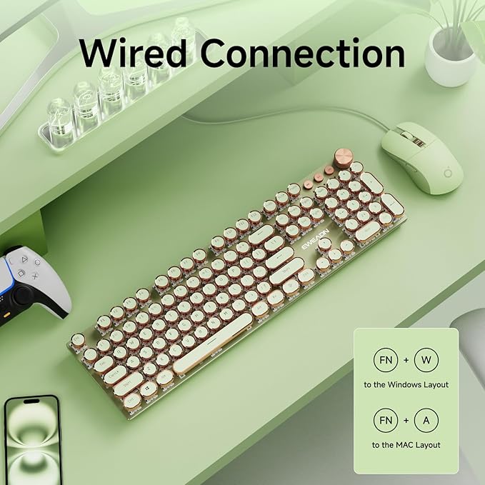 EWEADN Wired Typewriterkeyboard and Mouse Combo, Typewriter Style Mechanical Gaming Keyboard,104 Keys Backlit LED Keyboards, Media Control Knob, Wired Keyboard Pink Switch for Windows/Mac/PC-Green
