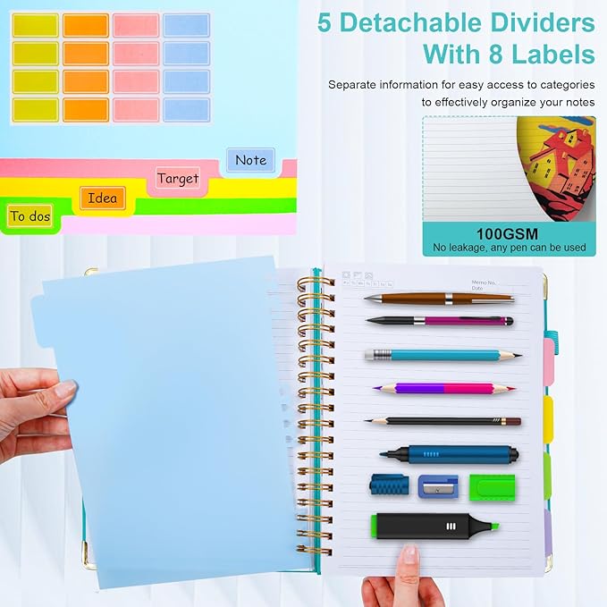 Hardcover Spiral Notebook 8"x10" Journal Notebook with Tabs and Removable Dividers 300 Pages 5 Subject Notebook College Ruled, Faux Leather Spiral Bound Notebook for Women, Students, School Work (Blue)